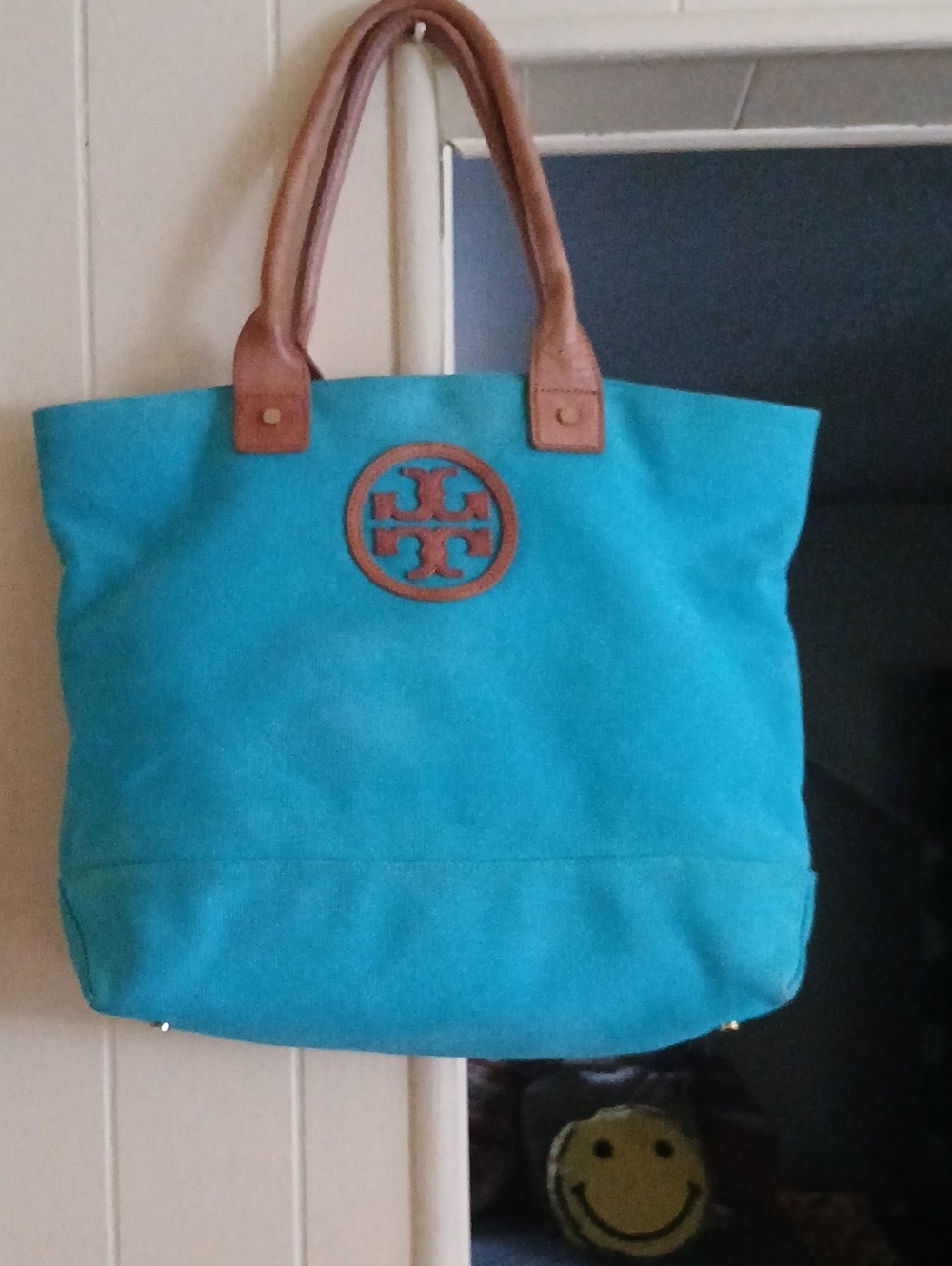 Tory Burch Turquoise Canvas Tote with Brown Leather Trim and Logo